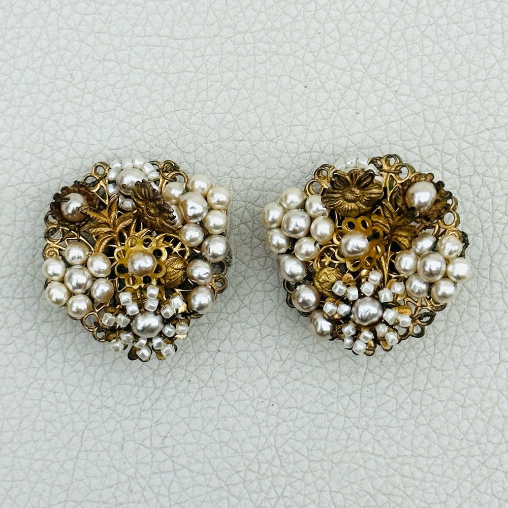 RARE Vintage Miriam Haskell Faux Pearl and Gold Clip On Earrings